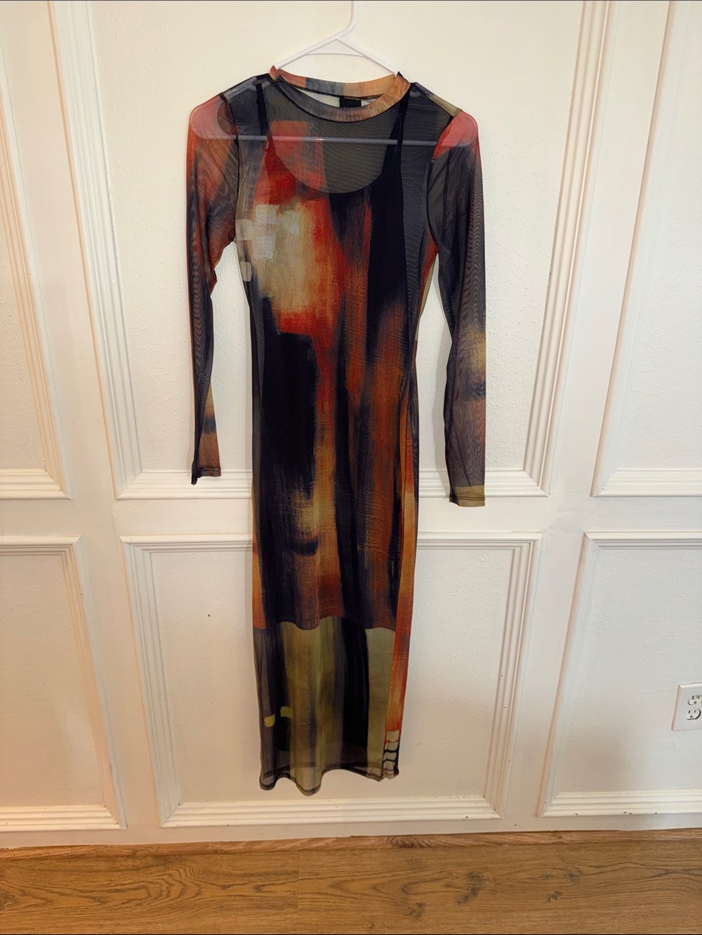 Semi-Sheer Long Sleeve Bodycon Dress in Black Amber Abstract Mirage